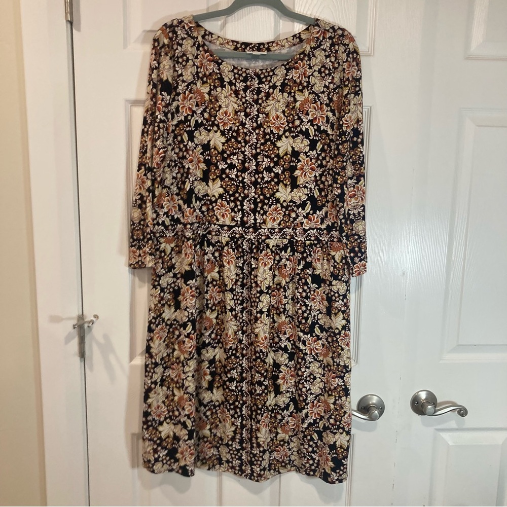 J. Jill jersey knit comfy black tan neutral floral midi dress long sleeves sz L